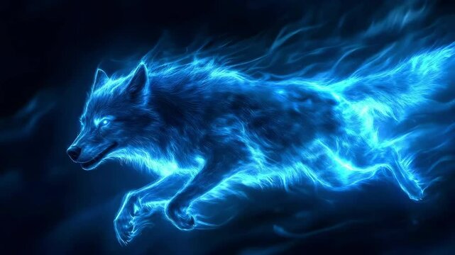 Majestic Blue Fire Wolf Leaping Through Night Sky Mystical Digital Art