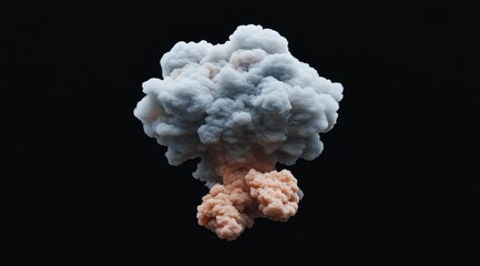 Abstract smoke cloud, light gray and peach tones, voluminous and textured, against a black backdrop  Detailed, 3D rendered explosion or chemical reaction