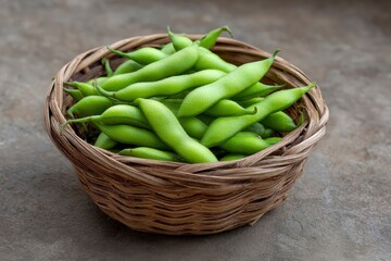 Fresh Edamame Pods in Woven Basket