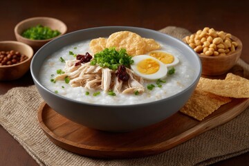 Chicken Congee with Egg and Condiments