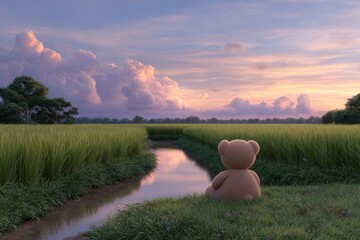 Teddy Bear Sits by Stream in Field at Sunset