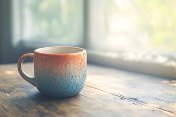 A peaceful scene of a colorful ceramic cup on a wooden surface.