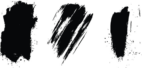 Vector set of grunge black brush marks isolated on transparent background. Abstract black paint splashes and brush strokes on a white background. Three bold strokes of black paint on a white surface,