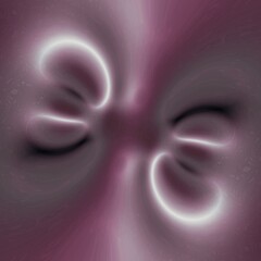 Abstract symmetrical composition featuring two mirrored crescent-like shapes, bisected by a horizontal line. Central elements glow in white or light gray, against muted purples and grays.