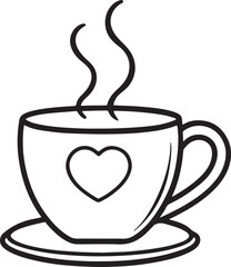 cup of coffee with heart line art, black outline, vector and illustration, coloring book page line art drawing
