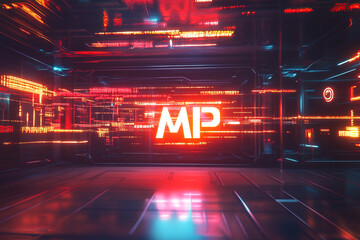 Futuristic digital environment MP glowing neon sign data streams