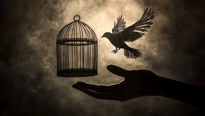 A silhouetted bird soaring away from a cage held in a human hand symbolizing freedom