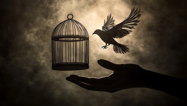 A silhouetted bird soaring away from a cage held in a human hand symbolizing freedom
