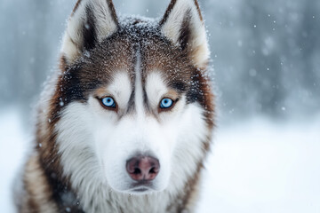 Obraz premium Portrait of a Husky dog with striking blue eyes, standing in a snowy forest