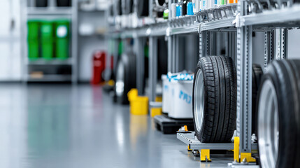 High quality tires stored on racks in well organized automotive workshop, showcasing clean and efficient environment