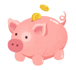 piggy bank with coin thrown in hand drawn isolated illustration