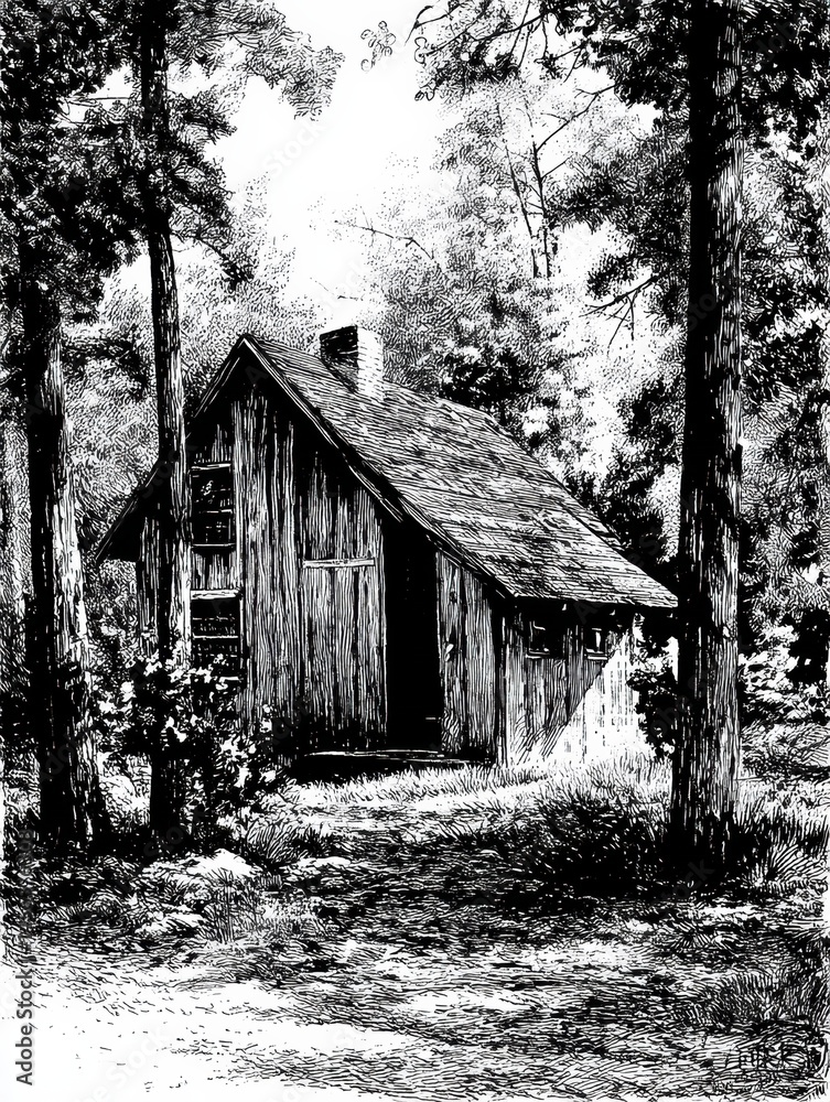 Leinwandbilder rustic cabin sketch in a wooded area showcasing the cross-hatching technique during a serene afterno