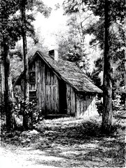 Obraz premium Rustic Cabin Sketch in a Wooded Area Showcasing the Cross-Hatching Technique During a Serene Afternoon Generative AI