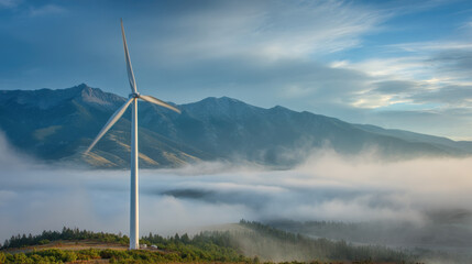 Majestic wind turbine amid misty mountains and cloudy sky at dawn