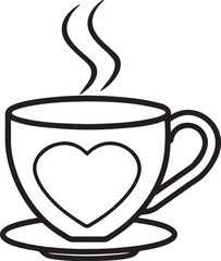 cup of coffee with heart line art, black outline, vector and illustration, coloring book page line art drawing
