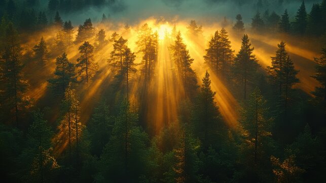 Midnight Sun Through Pine Trees - A dense Norwegian forest silhouetted against the low-hanging sun, rays filtering through the pine needles in a dreamy haze