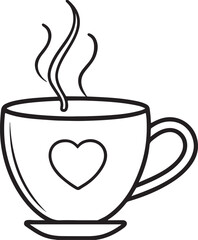 cup of coffee with heart line art, black outline, vector and illustration, coloring book page line art drawing