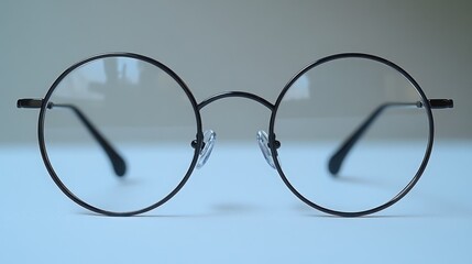 Wireframe Glasses Close-Up - Ultra-thin wireframe glasses with circular lenses placed symmetrically on white, emphasizing their lightweight construction