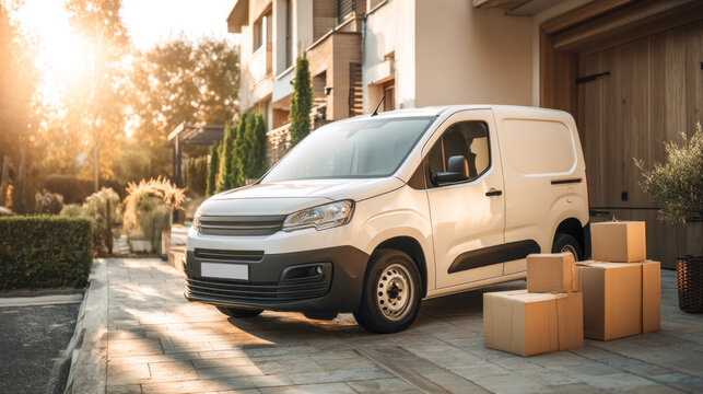 White delivery van parked on residential driveway with cardboard boxes at sunset