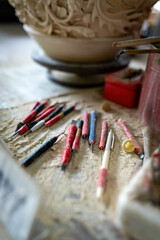 Handcrafted Tools Lying on a Workbench in a Creative Artisan Studio