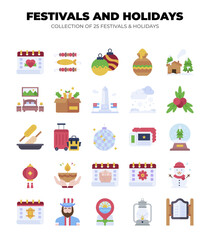 Collection of 25 Festivals and Holidays. Colorful Icons for Events and Celebrations