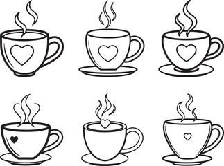 set of cup of coffee with heart line art, black outline, vector and illustration, coloring book page line art drawing