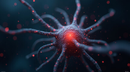 Macro shot of a single neuron cell firing electric impulses, surrounded by digital particles, dark background, biotech fantasy, close-up, microphotography