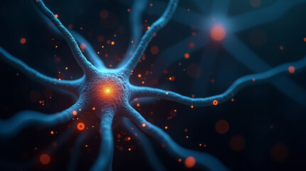 Macro shot of a single neuron cell firing electric impulses, surrounded by digital particles, dark background, biotech fantasy, close-up, microphotography