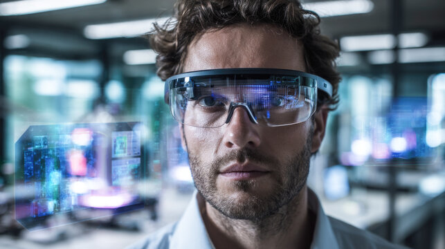 Young caucasian male engineer wearing ar glasses in futuristic tech lab