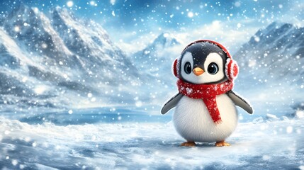 Cute penguin in winter wonderland scene with falling snow.