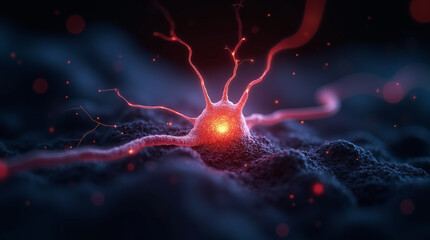 Macro shot of a single neuron cell firing electric impulses, surrounded by digital particles, dark background, biotech fantasy, close-up, microphotography