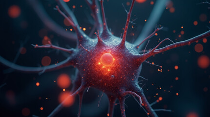 Macro shot of a single neuron cell firing electric impulses, surrounded by digital particles, dark background, biotech fantasy, close-up, microphotography