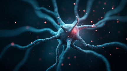 Macro shot of a single neuron cell firing electric impulses, surrounded by digital particles, dark background, biotech fantasy, close-up, microphotography