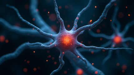 Macro shot of a single neuron cell firing electric impulses, surrounded by digital particles, dark background, biotech fantasy, close-up, microphotography