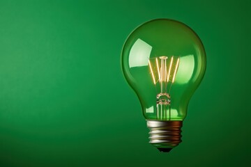 Green light bulb glowing brightly against a vibrant green background