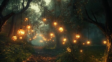 Enchanted forest path with glowing orbs at dusk - Powered by Adobe