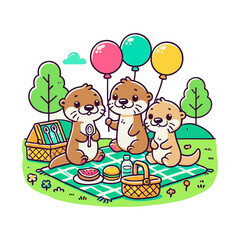 Obraz premium Three Cute Otters Having a Picnic with Balloons in a Green Grassy Field