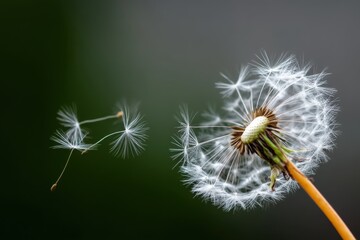 Fototapeta premium Dandelion seeds float gracefully in the air on a calm day in a lush green background