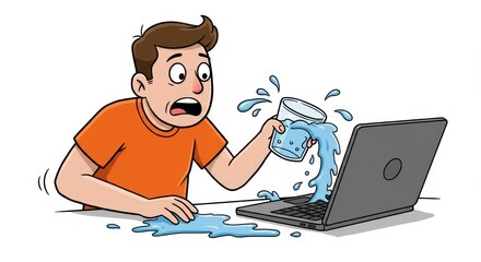 Oh No! Laptop Disaster: A Hilarious Cartoon Depicting a Man Accidentally Spilling Water on His Laptop