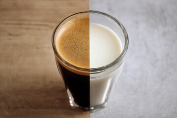 Dark coffee and creamy milk share a glass, showcasing morning beverage options side by side