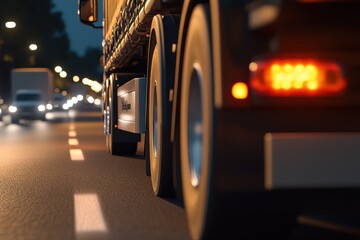 Nighttime road view of large trucks passing through urban streets with illuminated traffic lights