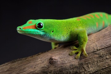 Fototapeta premium Bright green gecko perched on a branch showcasing vivid colors and intricate patterns in a dark setting