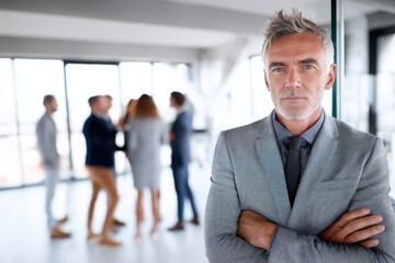 Fototapeta premium Professional man observes group discussion in modern office during business meeting