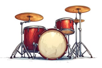 Artistic illustration of a complete red drum set with cymbals isolated on white background