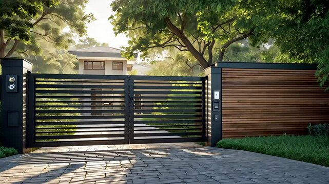 Modern Wooden Driveway Gate at Private House Entrance
