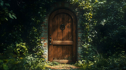 Enigmatic wooden door hidden within lush greenery.