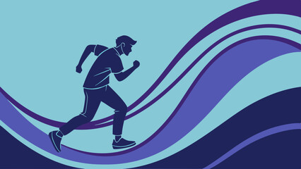 Vector silhouette of runner in motion against blue and purple wavy background, conveying energy and movement