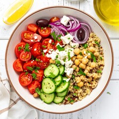 Top View of Vibrant Mediterranean Summer Salad Bowl