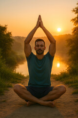 Man practicing yoga at sunrise in peaceful nature