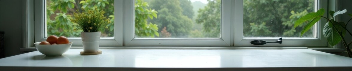 Fototapeta premium White painted table by window, rainy day view, muted tones , photo, texture